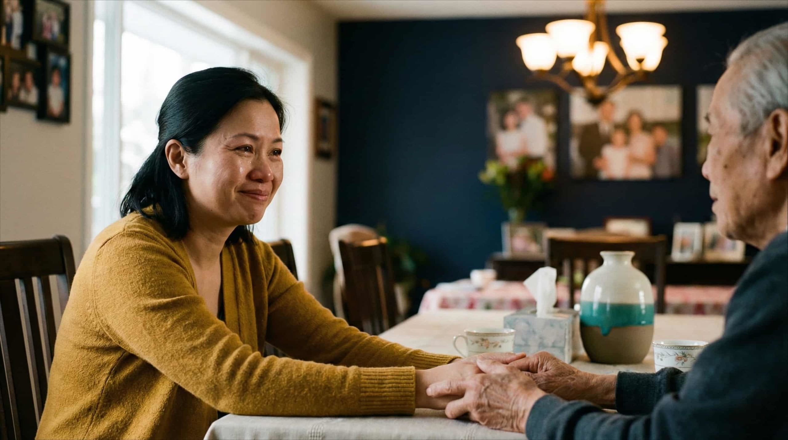 Ontario lottery winner sharing emotional moment with family — genuine tears of joy, not theatrical celebration